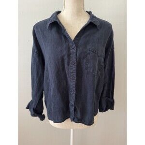 Michael Stars Gracie Crop Button-Down Linen Shirt in Navy Blue Women's Sz Small